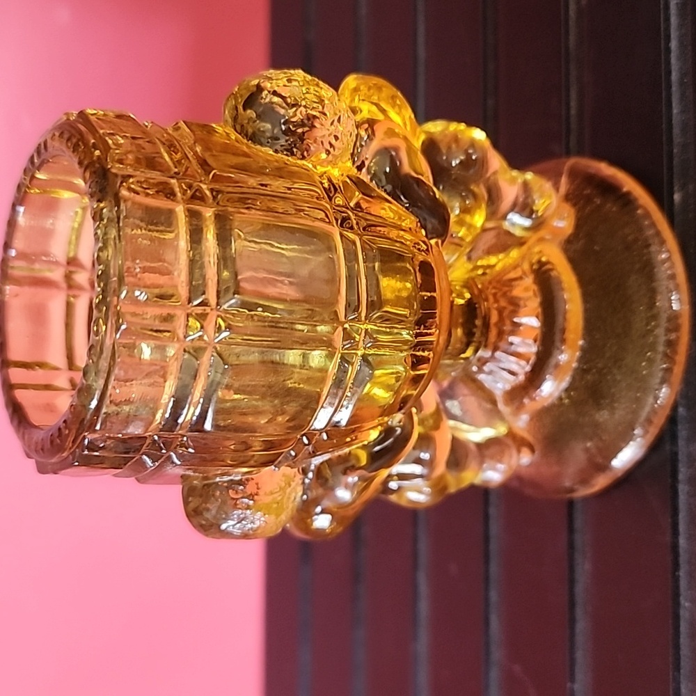 Vintage  Peek-A-Boo Glass Toothpick Holder Amber Barrel Cherubs McKee Jeanette